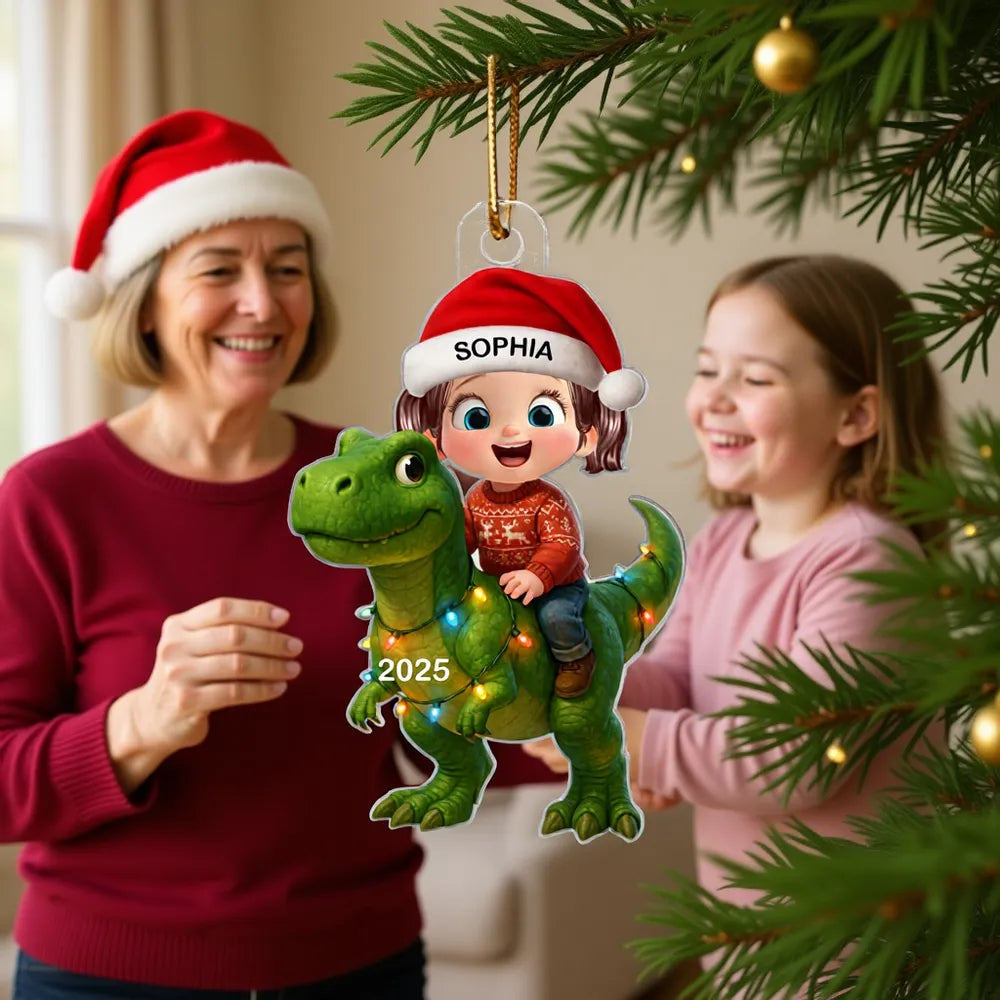 3D Effect Cute Little Girl Boy With Dinosaur Christmas - Personalized Acrylic Ornament - Gift For Kids, Grandkids, Fun & Unique