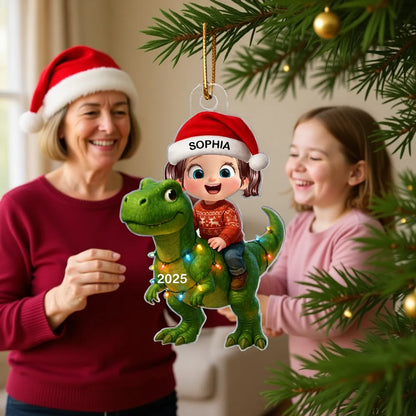 3D Effect Cute Little Girl Boy With Dinosaur Christmas - Personalized Acrylic Ornament - Gift For Kids, Grandkids, Fun & Unique