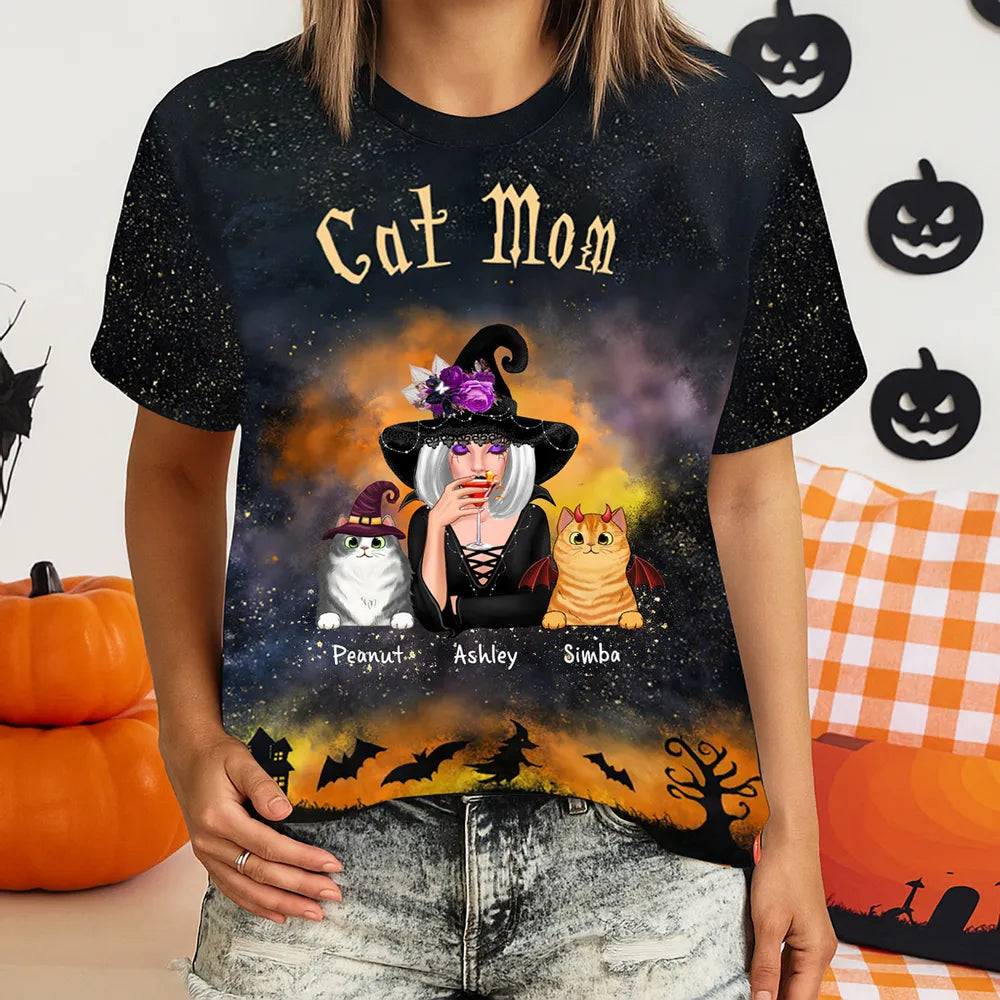 Pretty Witch Cat Mom Witchy Ombre Tie-Dye Pattern Personalized Shirt, Purrfect Costume for Cat Lover