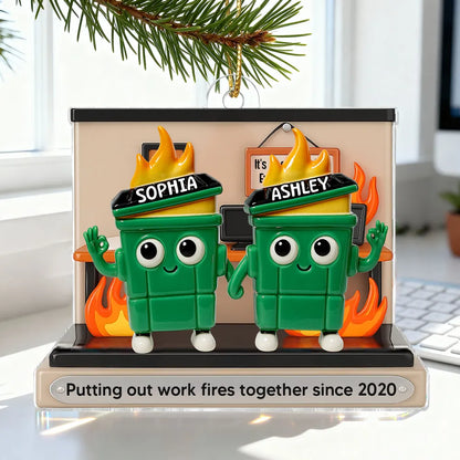 3D Effect Dumpster Fires In Office Scene - Personalized Acrylic Ornament - Funny Gift For Colleagues, Work Besties