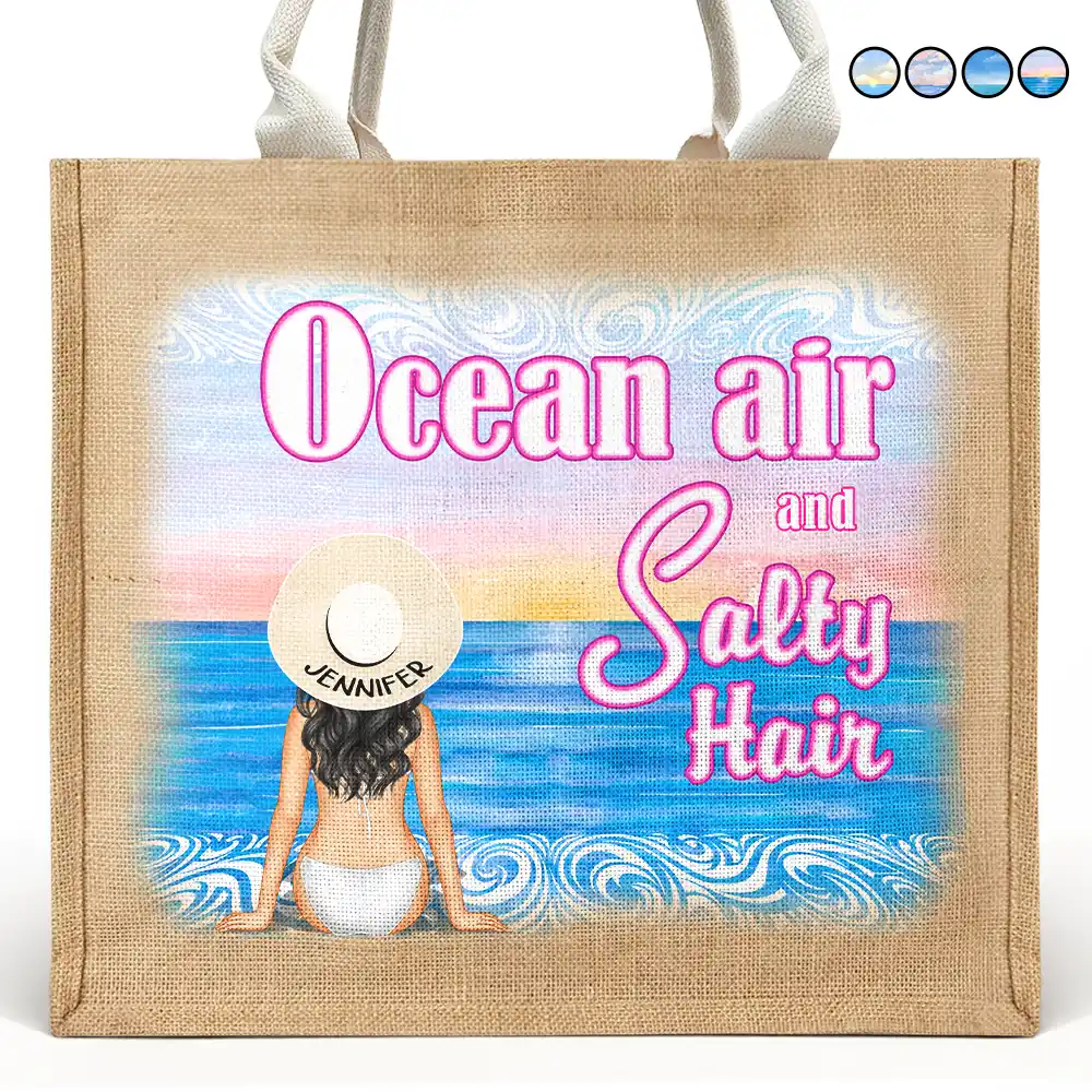 Ocean Air And Salty Hair - Personalized Jute Beach Bag