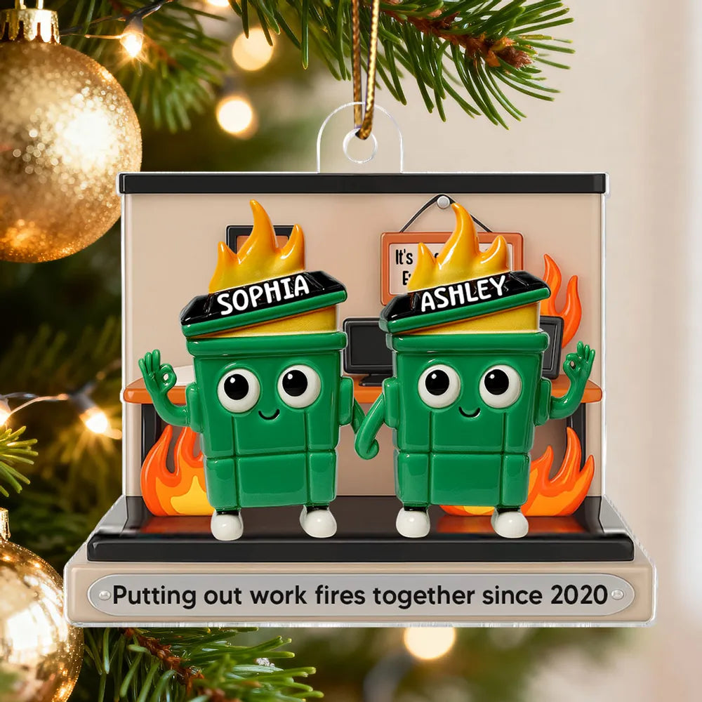 3D Effect Dumpster Fires In Office Scene - Personalized Acrylic Ornament - Funny Gift For Colleagues, Work Besties