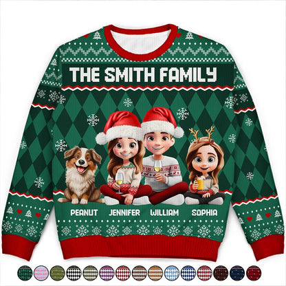 Christmas Family With Kids & Pets Argyle Pattern - Personalized Unisex Ugly Sweater
