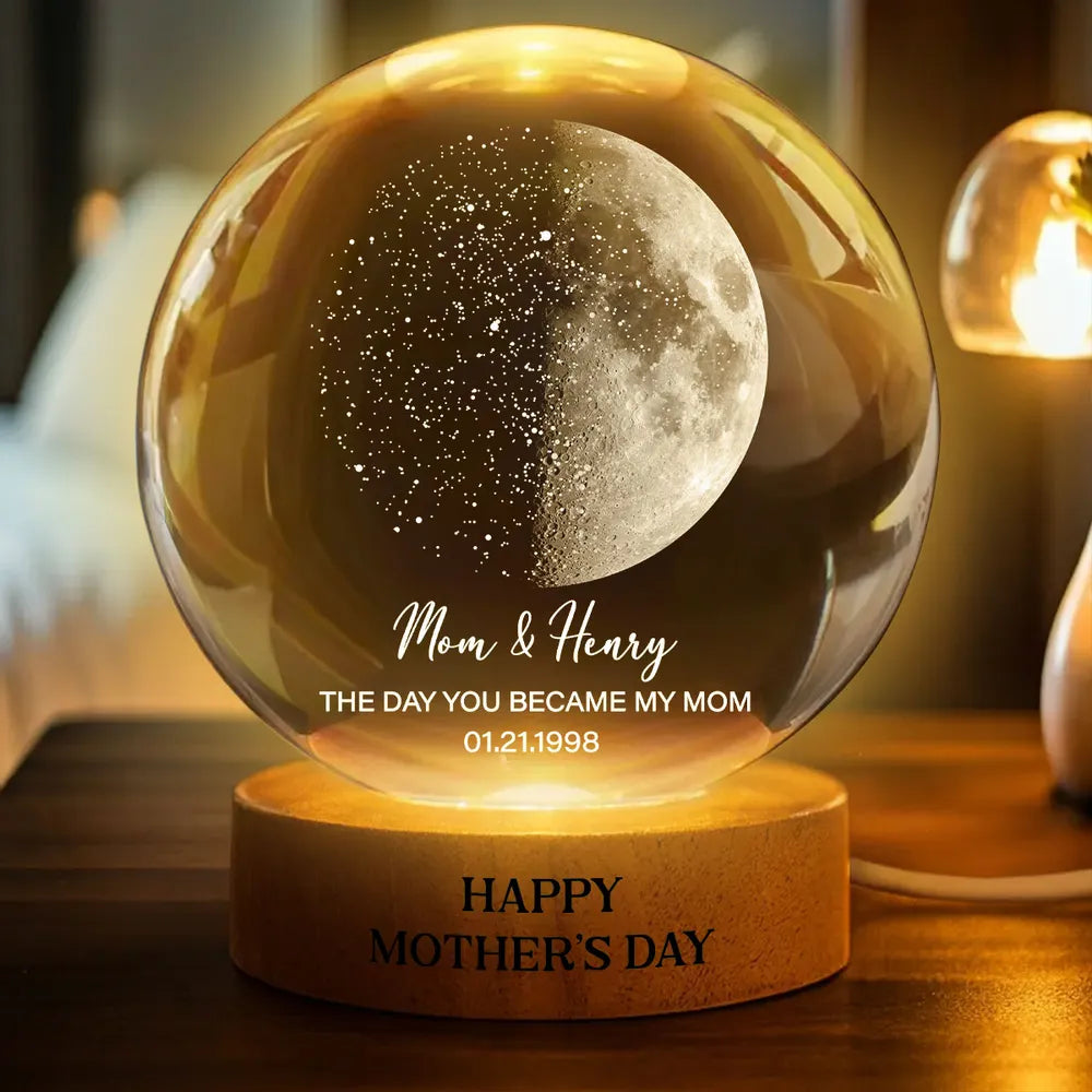 Custom Moon Phase & Star Map by Date Engraved Wooden Base - Personalized Crystal Ball LED Night Light - Heartfelt Gift for Mom