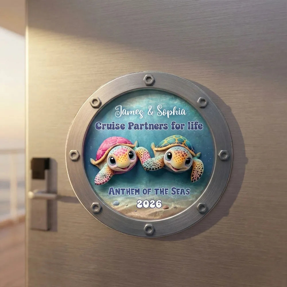 Happy Sailing Turtle Couple 2D Flat - Personalized Cruise Ship Door Magnet - Cruise Trip Decoration