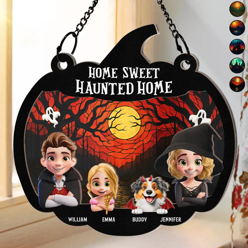 Home Sweet Haunted Home Couple With Kids & Pets - Personalized Window Hanging Suncatcher Ornament