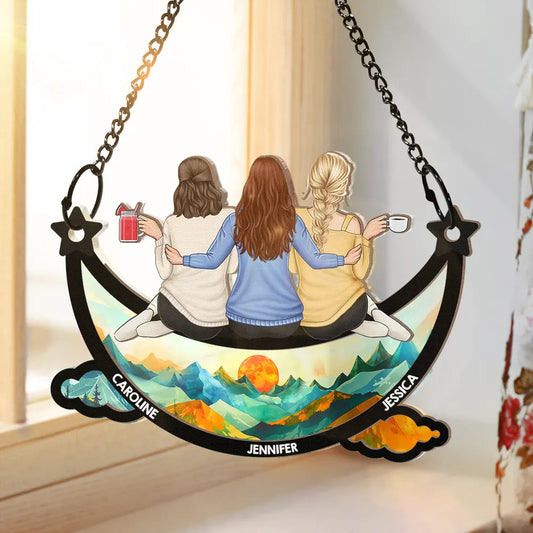 Besties Friends Sitting On The Moon Starry Sky - Personalized Window Hanging Suncatcher Ornament