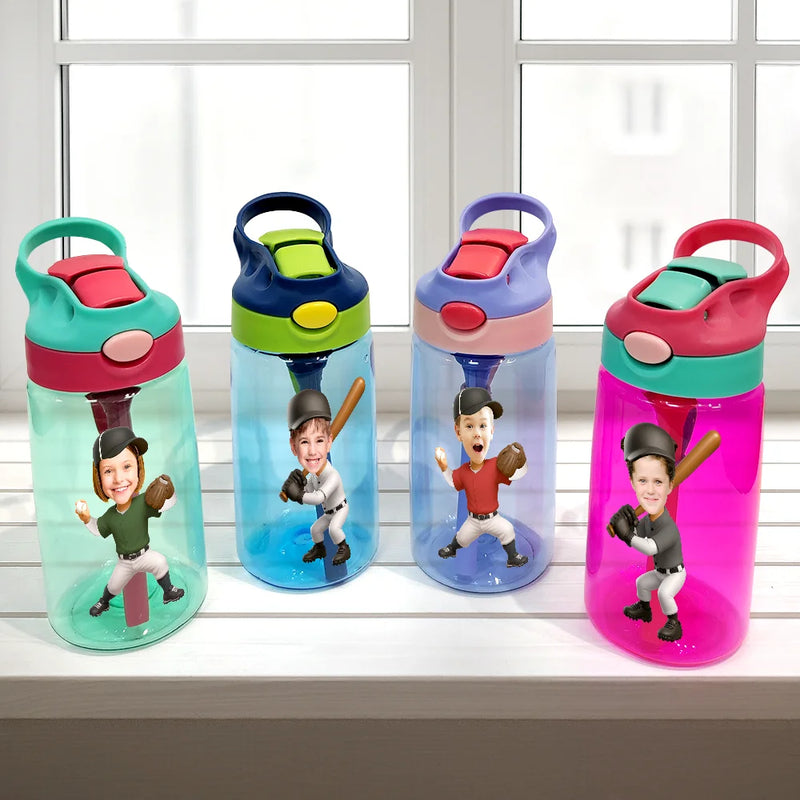 Custom Photo Cute Kid Sport Playing Football Soccer Baseball Softball - Personalized Kids Water Bottle With Straw
