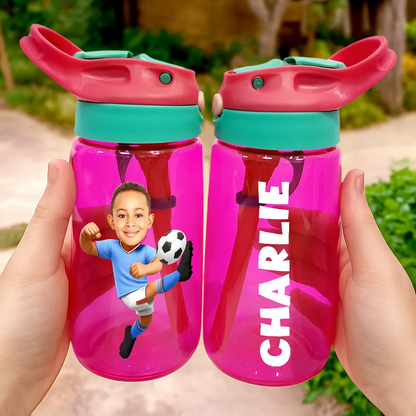 Custom Photo Cute Kid Sport Playing Football Soccer Baseball Softball - Personalized Kids Water Bottle With Straw