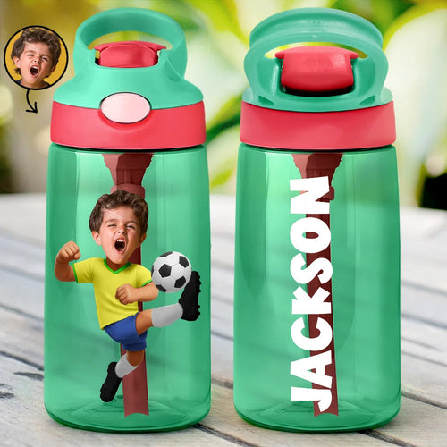 Custom Photo Cute Kid Sport Playing Football Soccer Baseball Softball - Personalized Kids Water Bottle With Straw
