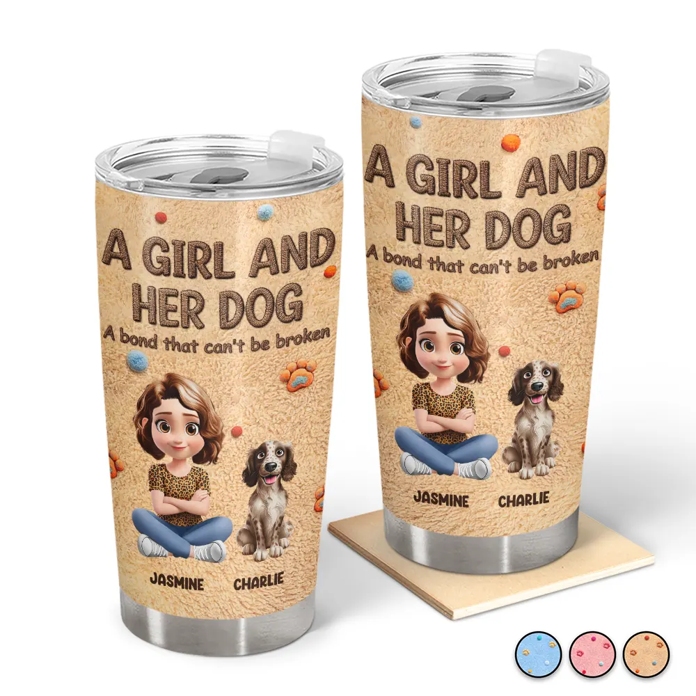 A Girl And Her Dog Embroidery Effect - Personalized Tumbler