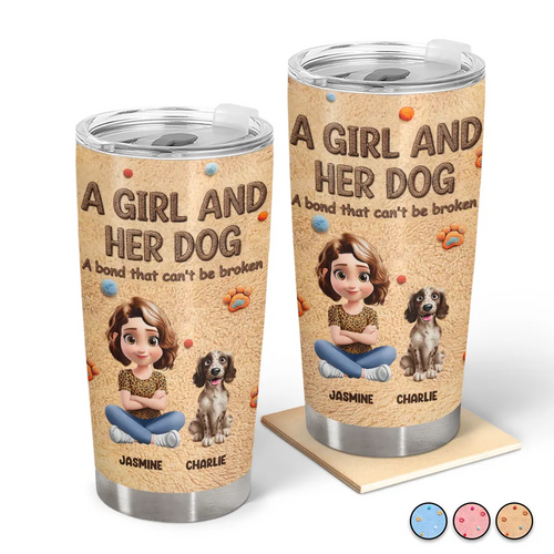 A Girl And Her Dog Embroidery Effect - Personalized Tumbler