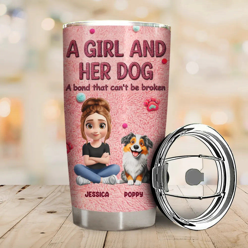 A Girl And Her Dog Embroidery Effect - Personalized Tumbler