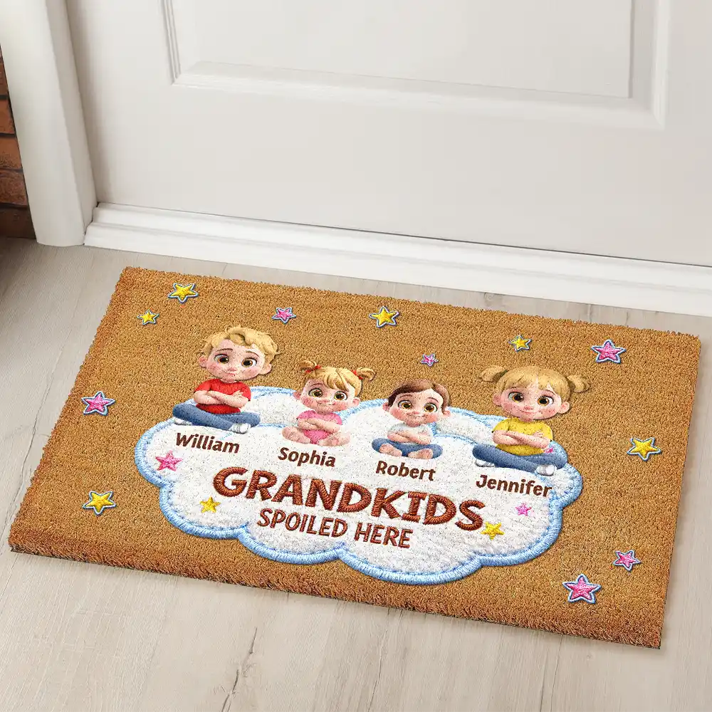 Faux Embroidery Effect Spoiled Grandkids Live Here - Personalized Coconut Doormat