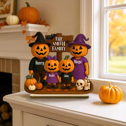 Jack O' Lantern Family 3D Effect Personalized Standing Wooden Plaque, Halloween Decor