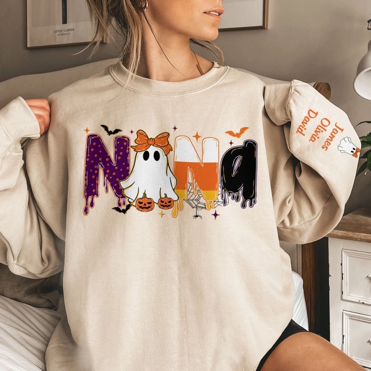 Custom Unisex Sweatshirt, Hoodie With Design On Sleeve - Personalized Halloween Birthday Gifts For Mom, Grandma - Spooky Nights With Family Bonds