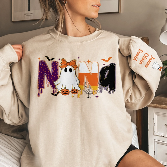 Custom Unisex Sweatshirt, Hoodie With Design On Sleeve - Personalized Halloween Birthday Gifts For Mom, Grandma - Spooky Nights With Family Bonds