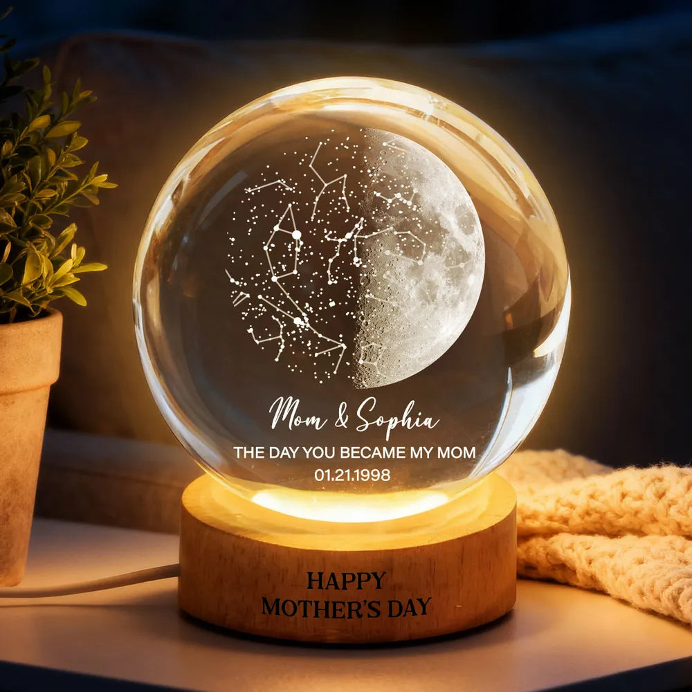 Custom Moon Phase & Star Map by Date Engraved Wooden Base - Personalized Crystal Ball LED Night Light - Heartfelt Gift for Mom