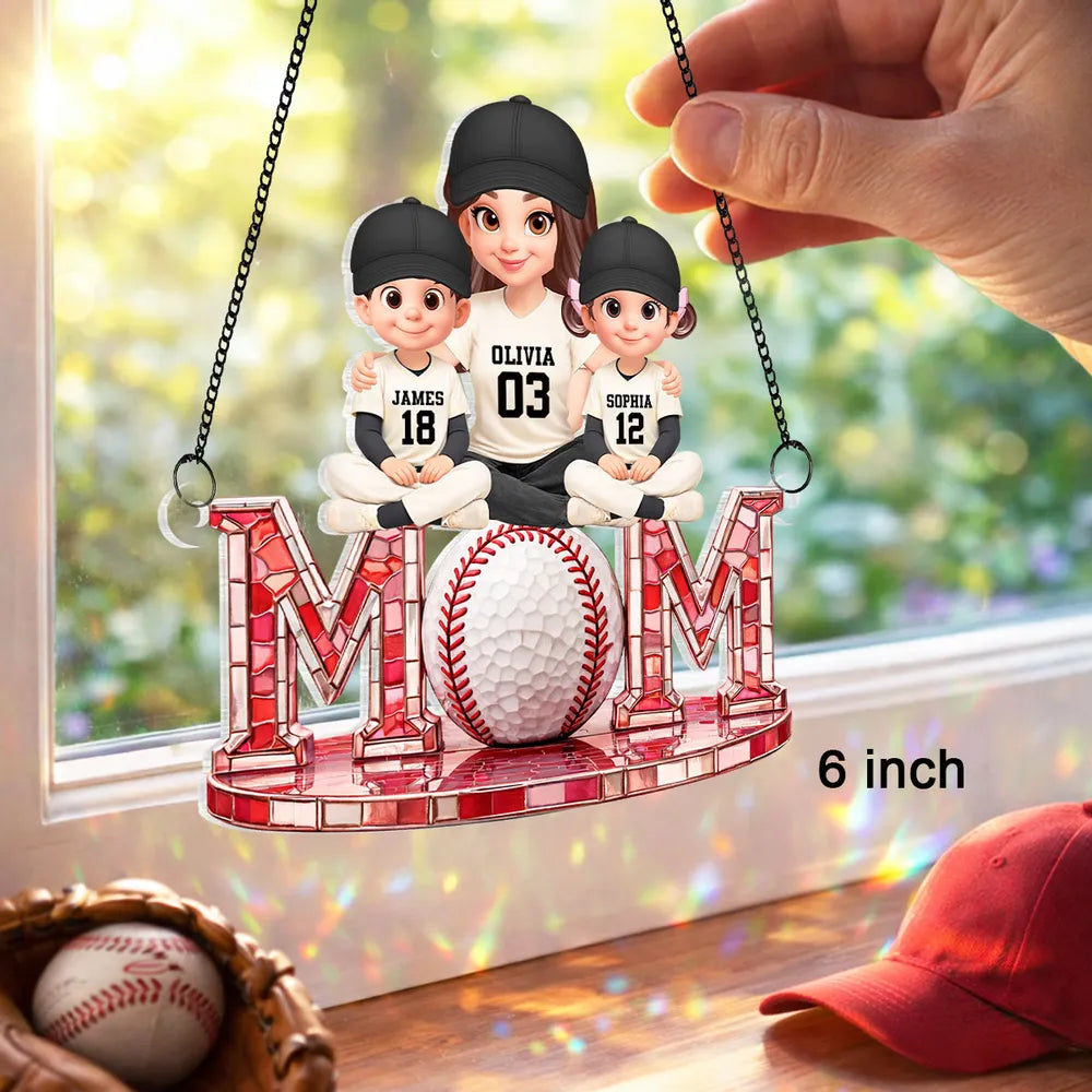Baseball Mom And Kids Sitting - Personalized Suncatcher - Heartfelt Mother's Day Gift for Mom, Wife
