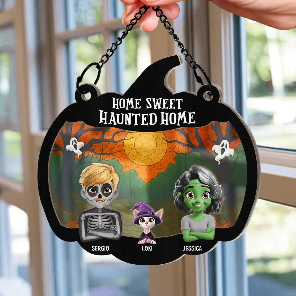 Home Sweet Haunted Home Couple With Kids & Pets - Personalized Window Hanging Suncatcher Ornament