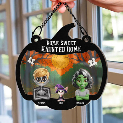 Home Sweet Haunted Home Couple With Kids & Pets - Personalized Window Hanging Suncatcher Ornament