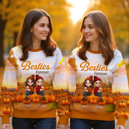 Fall Season Besties Sitting On Pumpkins Personalized 3D Sweatshirt