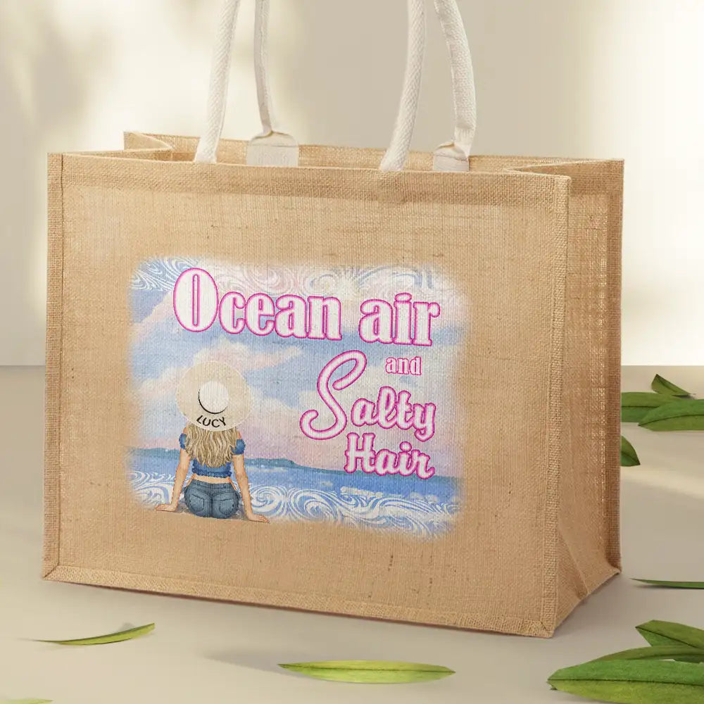 Ocean Air And Salty Hair - Personalized Jute Beach Bag