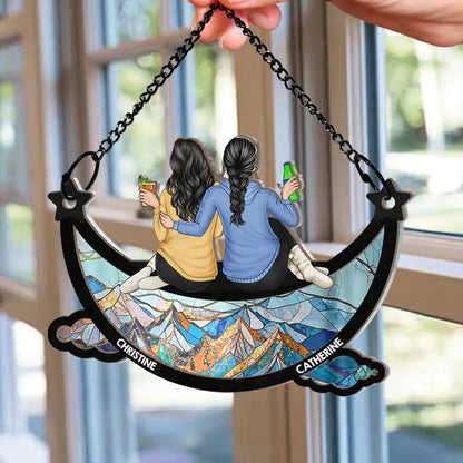 Besties Friends Sitting On The Moon Starry Sky - Personalized Window Hanging Suncatcher Ornament