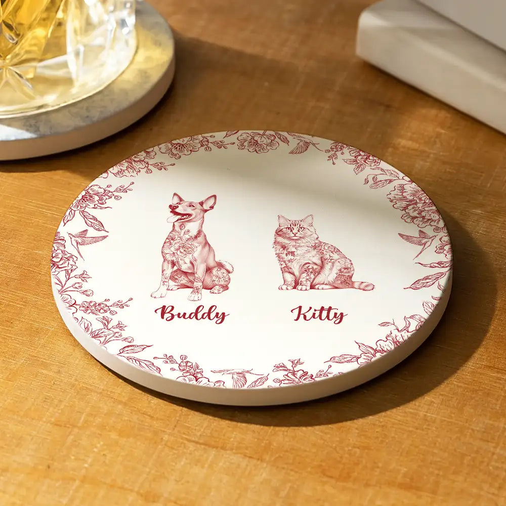 Chinoiserie Toile Dog Cat - Personalized Ceramic Coaster