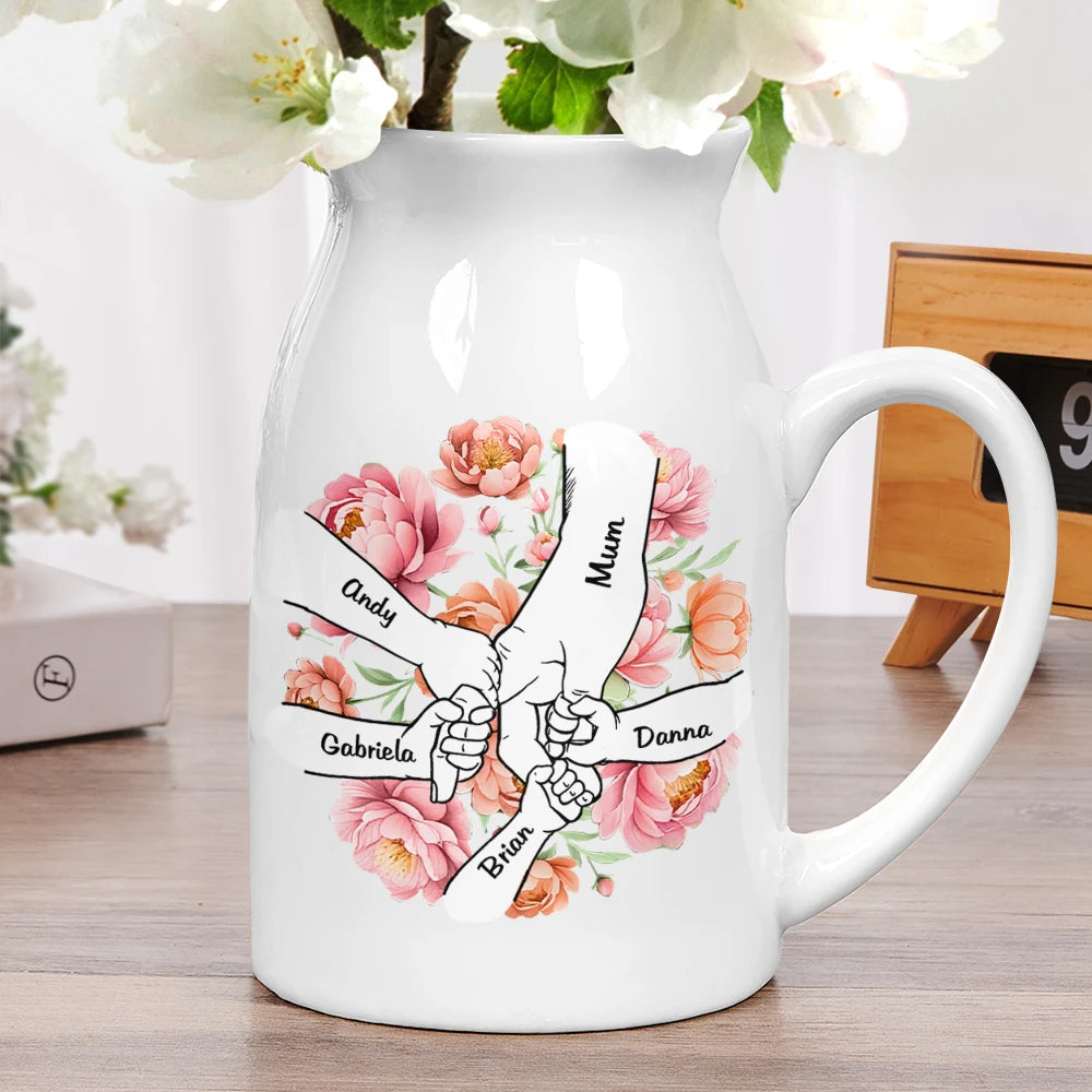 Hand In Hand Birth Flower Grandma Mom - Personalized Ceramic Flower Vase