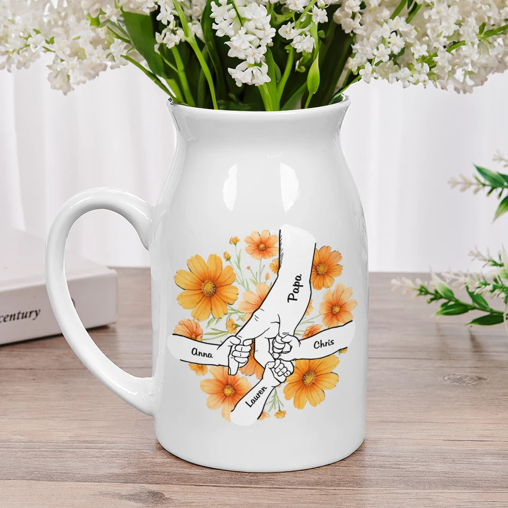 Hand In Hand Birth Flower Grandma Mom - Personalized Ceramic Flower Vase