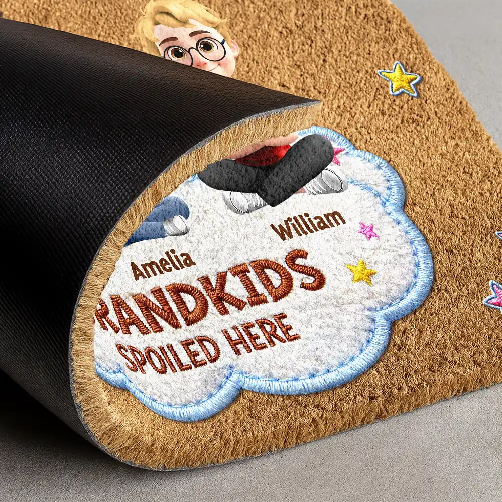 Faux Embroidery Effect Spoiled Grandkids Live Here - Personalized Coconut Doormat