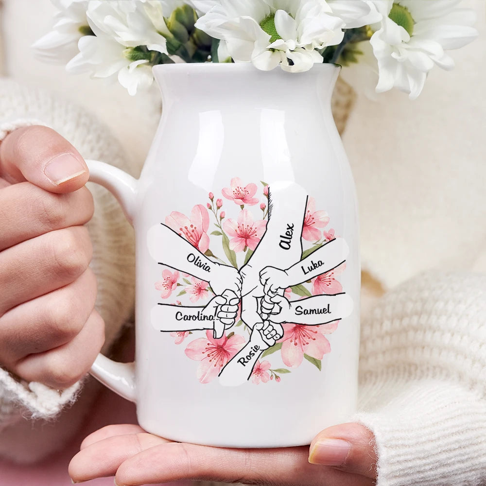 Hand In Hand Birth Flower Grandma Mom - Personalized Ceramic Flower Vase