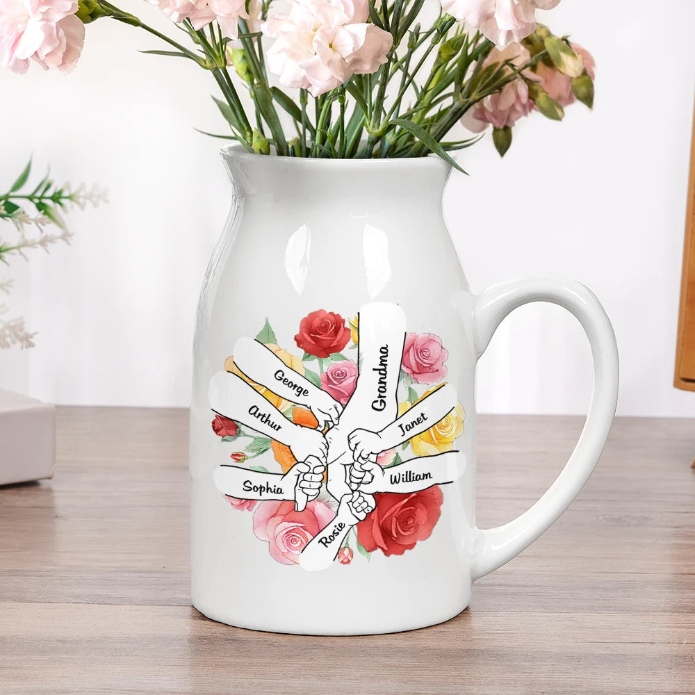 Hand In Hand Birth Flower Grandma Mom - Personalized Ceramic Flower Vase