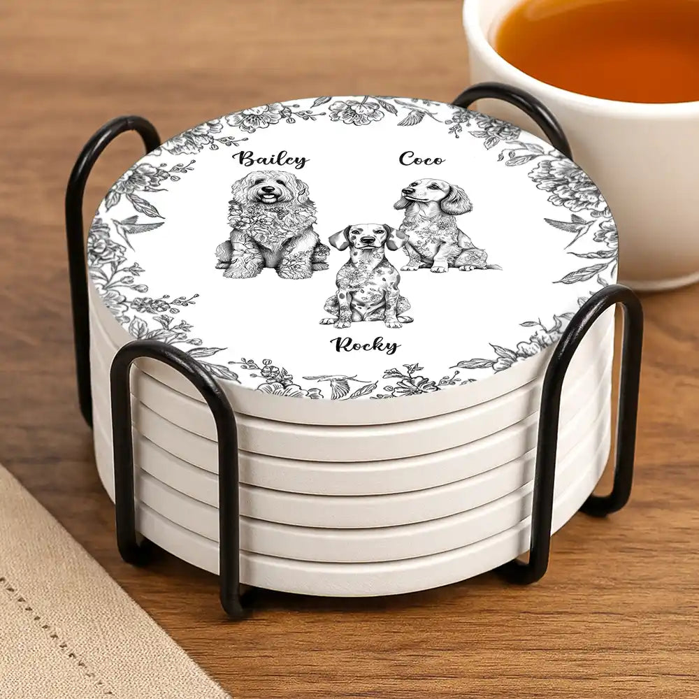 Chinoiserie Toile Dog Cat - Personalized Ceramic Coaster