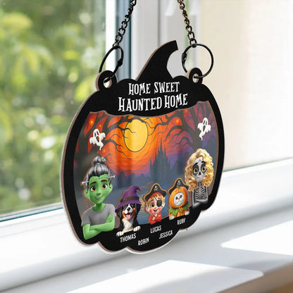 Home Sweet Haunted Home Couple With Kids & Pets - Personalized Window Hanging Suncatcher Ornament