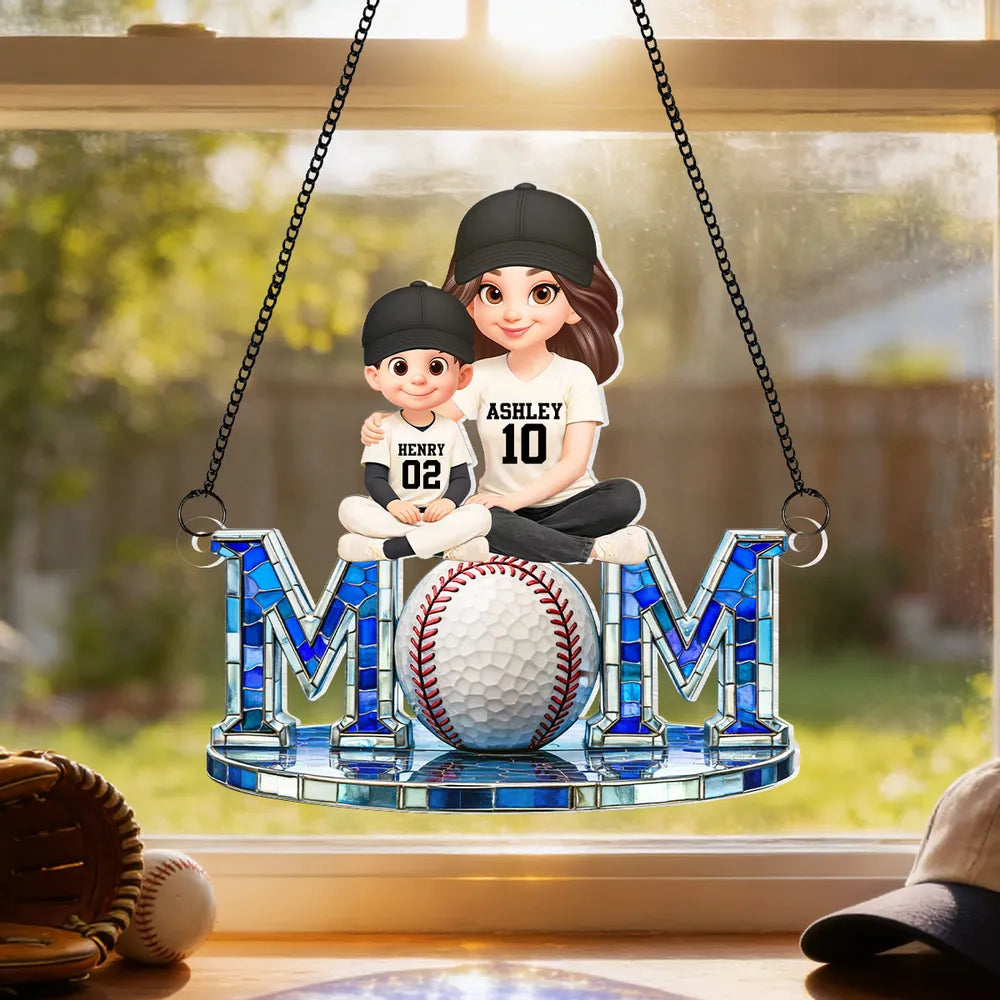 Baseball Mom And Kids Sitting - Personalized Suncatcher - Heartfelt Mother's Day Gift for Mom, Wife