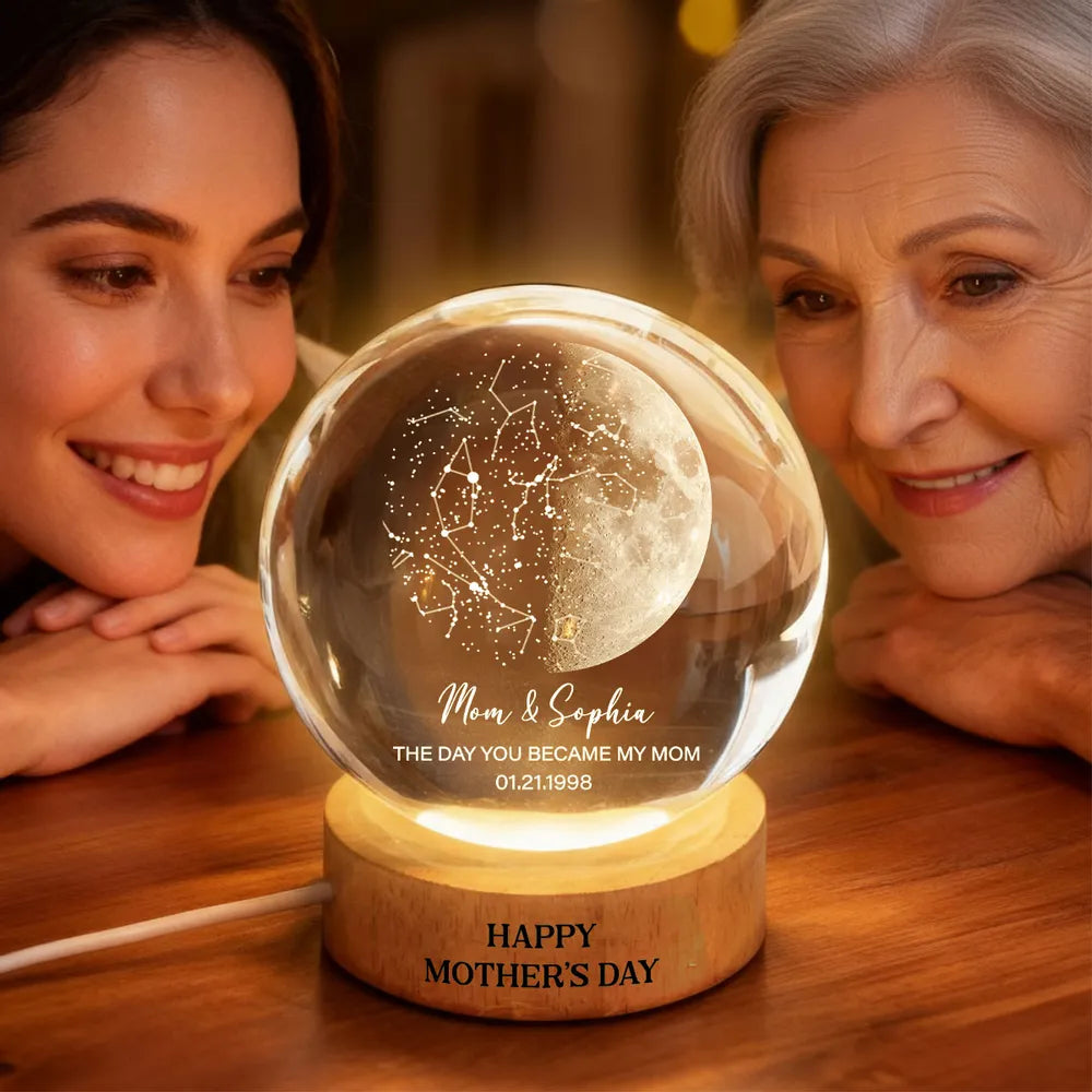 Custom Moon Phase & Star Map by Date Engraved Wooden Base - Personalized Crystal Ball LED Night Light - Heartfelt Gift for Mom