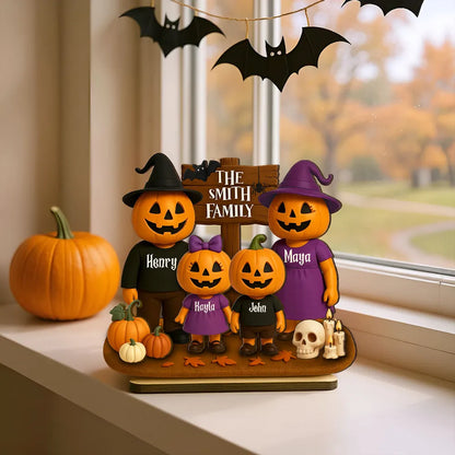 Jack O' Lantern Family 3D Effect Personalized Standing Wooden Plaque, Halloween Decor