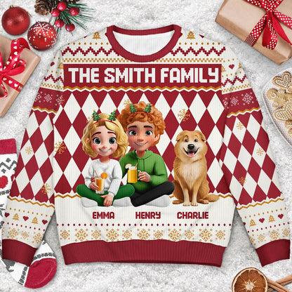 Christmas Family With Kids & Pets Argyle Pattern - Personalized Unisex Ugly Sweater