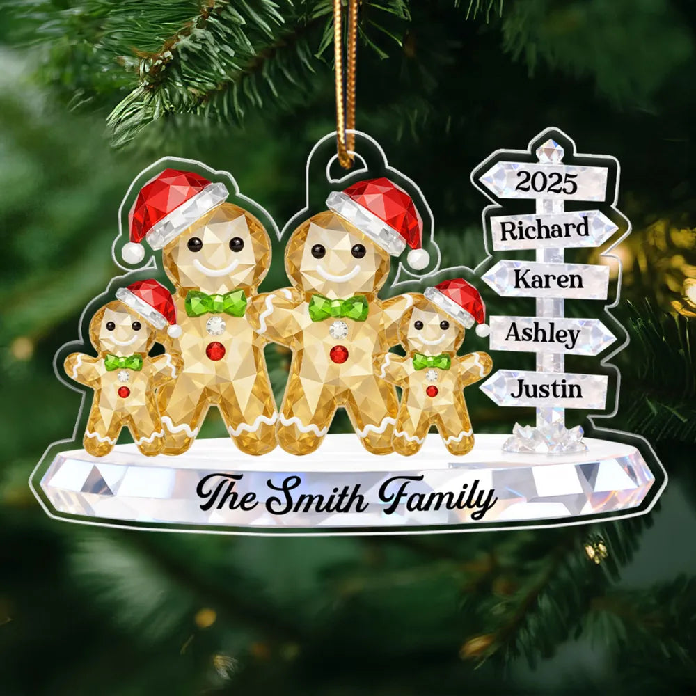 Gingerbread Family 3D Crystal Effect Custom Name Sign Post - Personalized Acrylic Ornament - Christmas Gift for Family