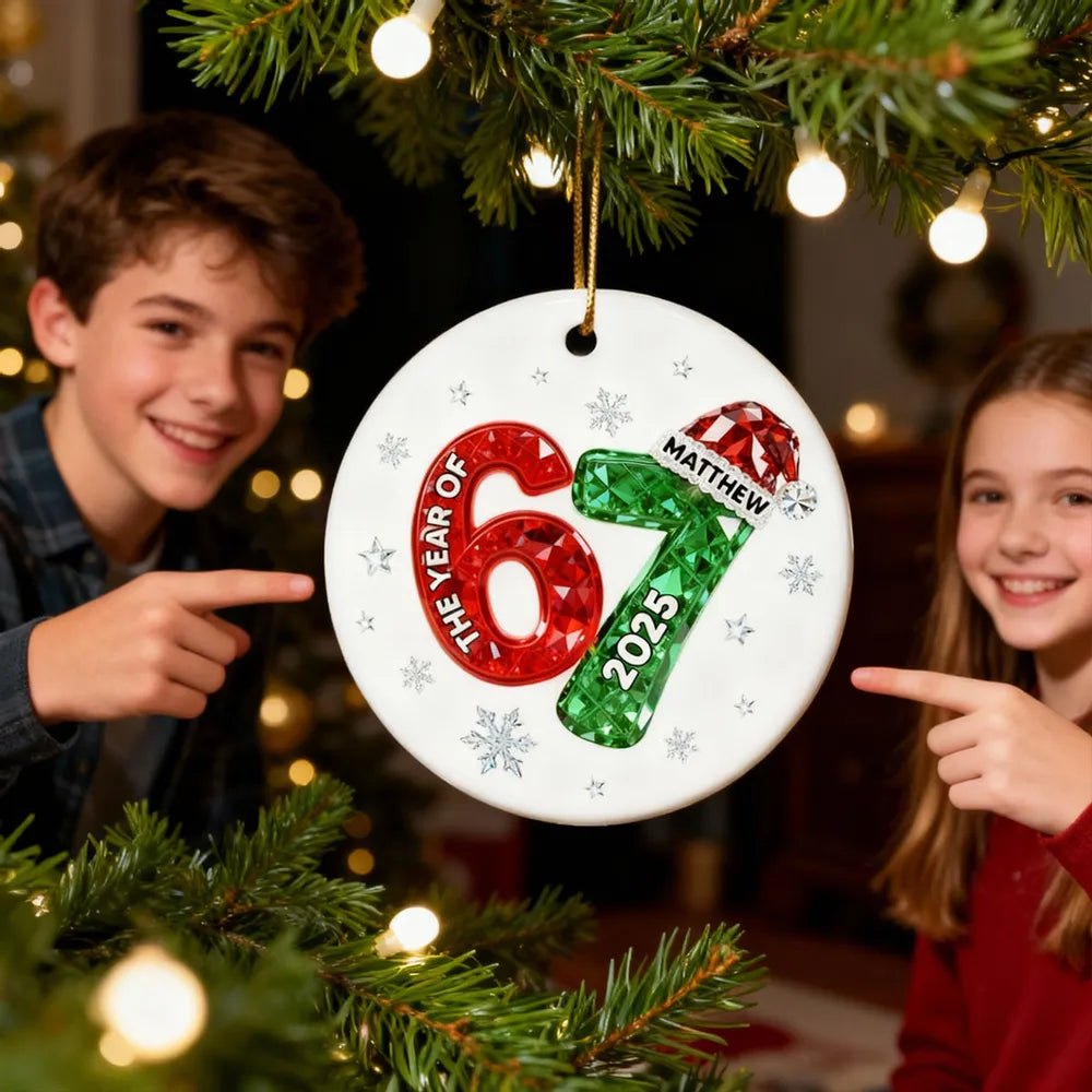 Shining Effect Teen Boy Girl 2025 Trending Slang Christmas 67 Six Seven - Personalized Ceramic Ornament - Funny Christmas Gift For Teen, Grandkid, Gen Alpha