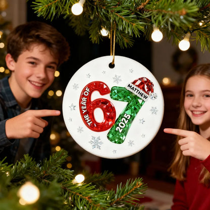 Shining Effect Teen Boy Girl 2025 Trending Slang Christmas 67 Six Seven - Personalized Ceramic Ornament - Funny Christmas Gift For Teen, Grandkid, Gen Alpha