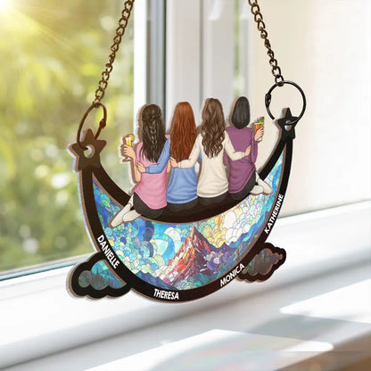 Besties Friends Sitting On The Moon Starry Sky - Personalized Window Hanging Suncatcher Ornament