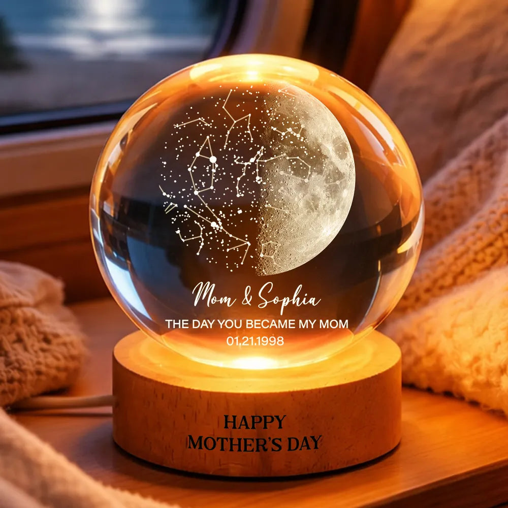 Custom Moon Phase & Star Map by Date Engraved Wooden Base - Personalized Crystal Ball LED Night Light - Heartfelt Gift for Mom