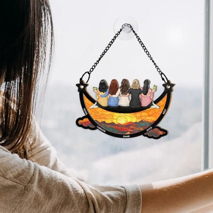 Besties Friends Sitting On The Moon Starry Sky - Personalized Window Hanging Suncatcher Ornament