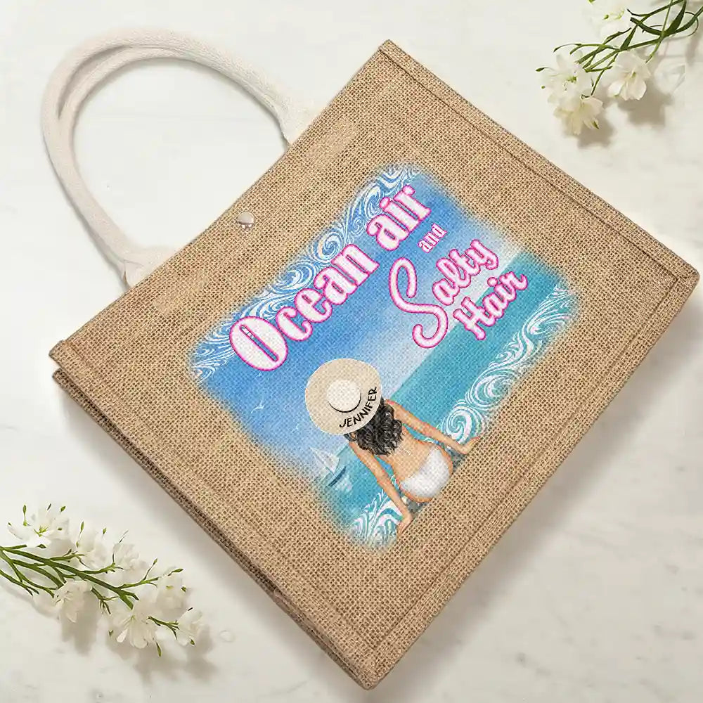 Ocean Air And Salty Hair - Personalized Jute Beach Bag
