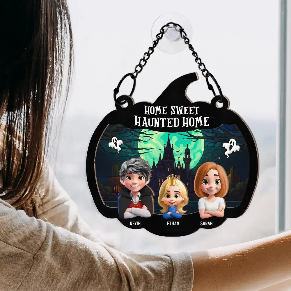 Home Sweet Haunted Home Couple With Kids & Pets - Personalized Window Hanging Suncatcher Ornament