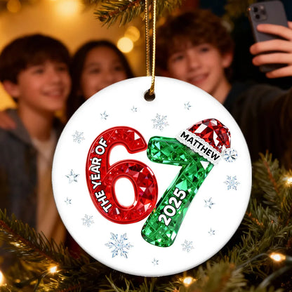 Shining Effect Teen Boy Girl 2025 Trending Slang Christmas 67 Six Seven - Personalized Ceramic Ornament - Funny Christmas Gift For Teen, Grandkid, Gen Alpha