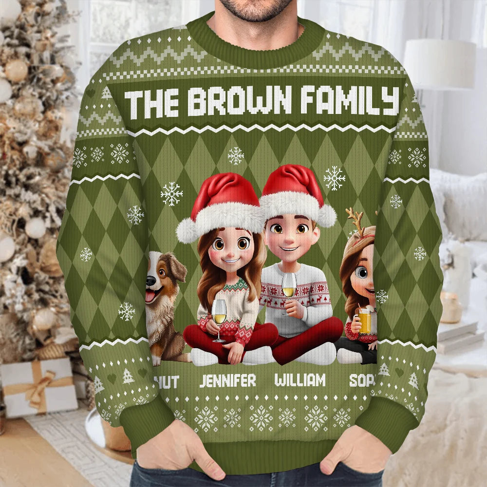 Christmas Family With Kids & Pets Argyle Pattern - Personalized Unisex Ugly Sweater
